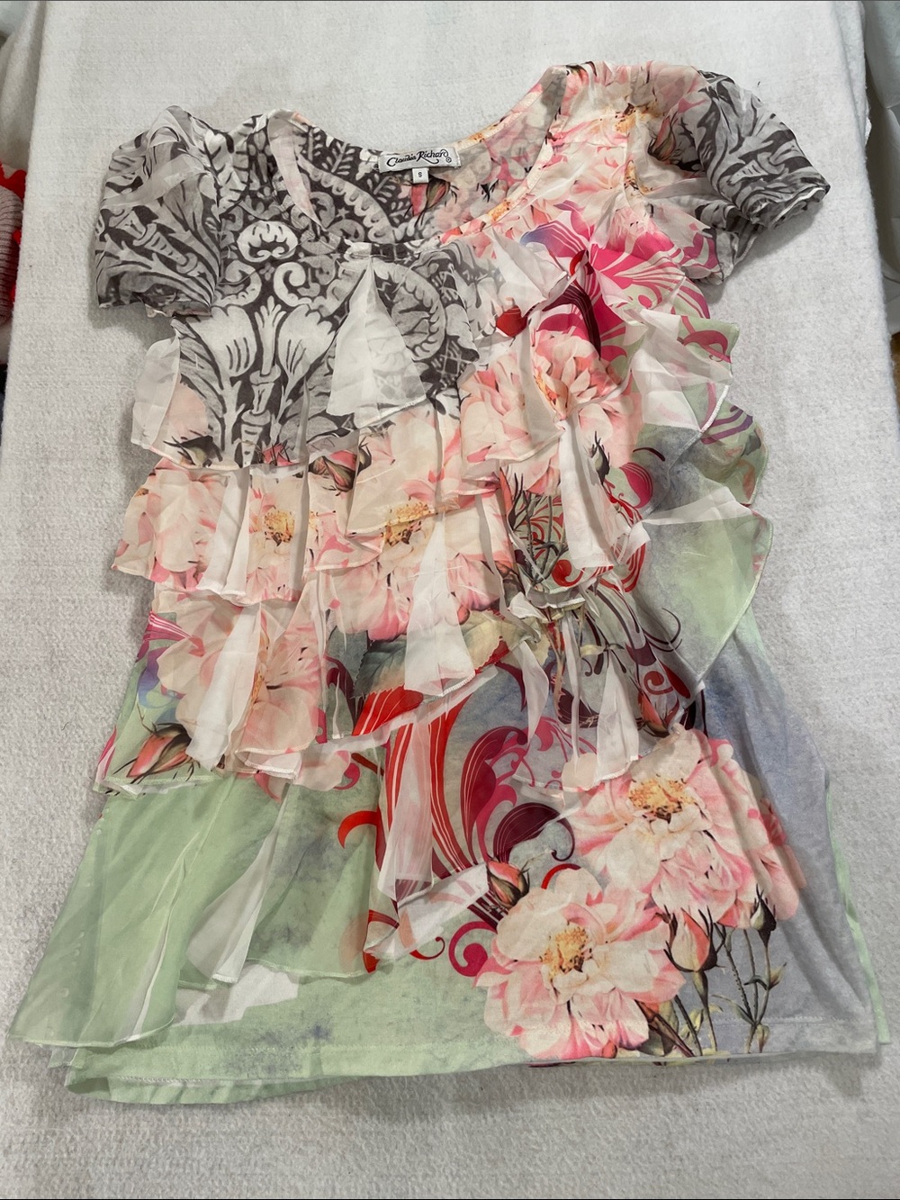 Claudia Richard Pink Multi Floral Ruffle Scoop Neck Top
